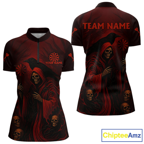Custom Red Grim Reaper Grunge Skull Dart Arrow Dart Women Quarter-Zip Shirt Dart Jerseys NYN1543