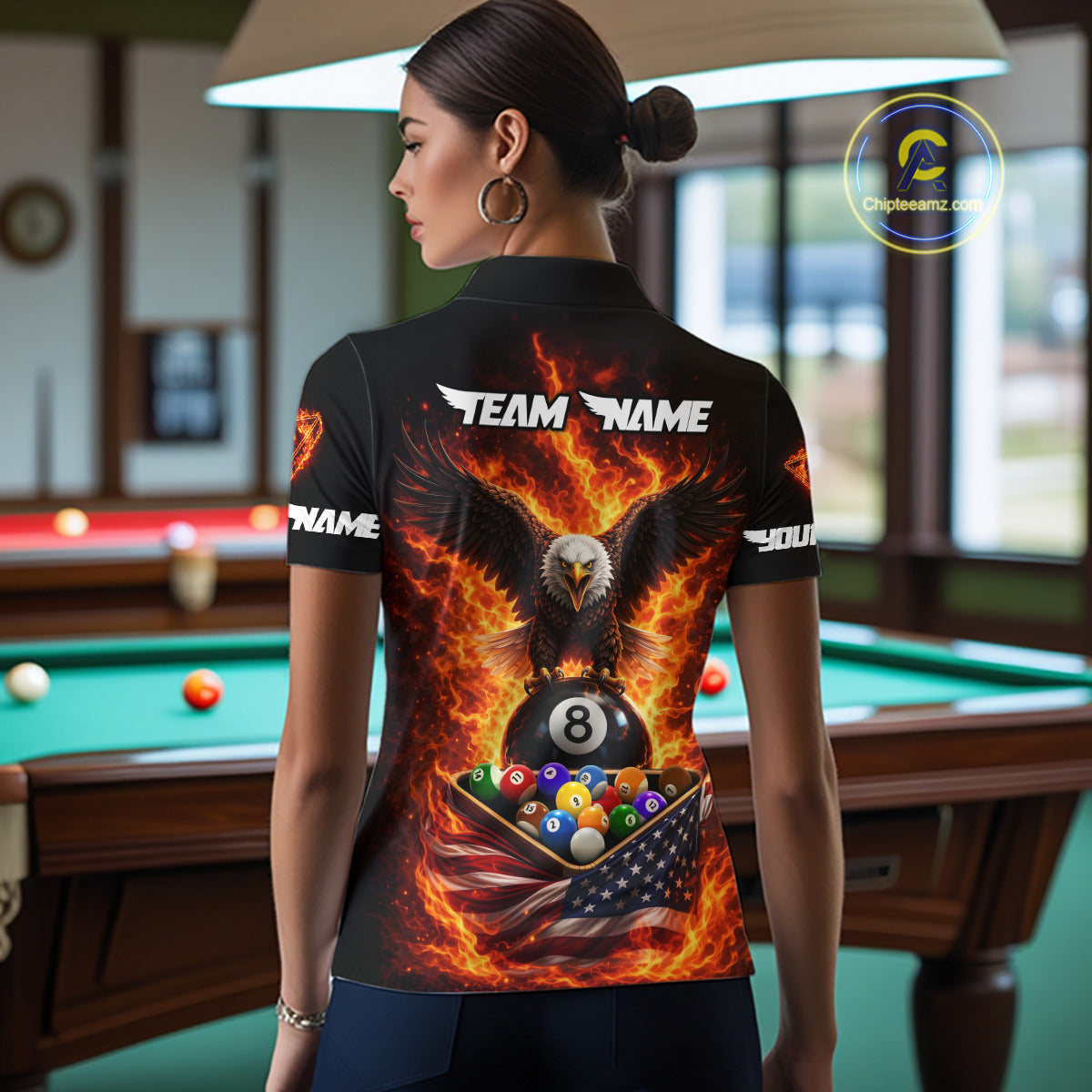 Fire Flame Eagle US Flag Pool Ball 3D Billiard Shirt For Women Personalized 8 Ball Billiard Attire NYN2587