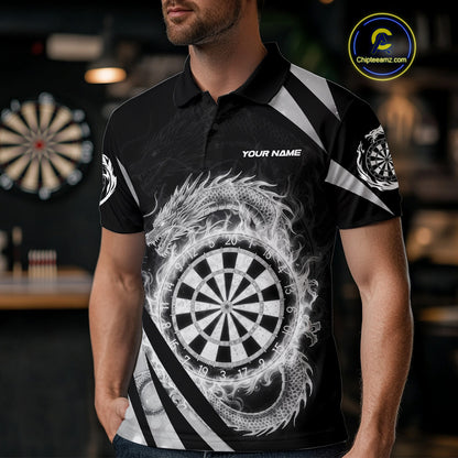Silver Flames Dragon Dartboard Men Darts Polo Shirt Custom Dragon Team Dart League Shirt NYN2069