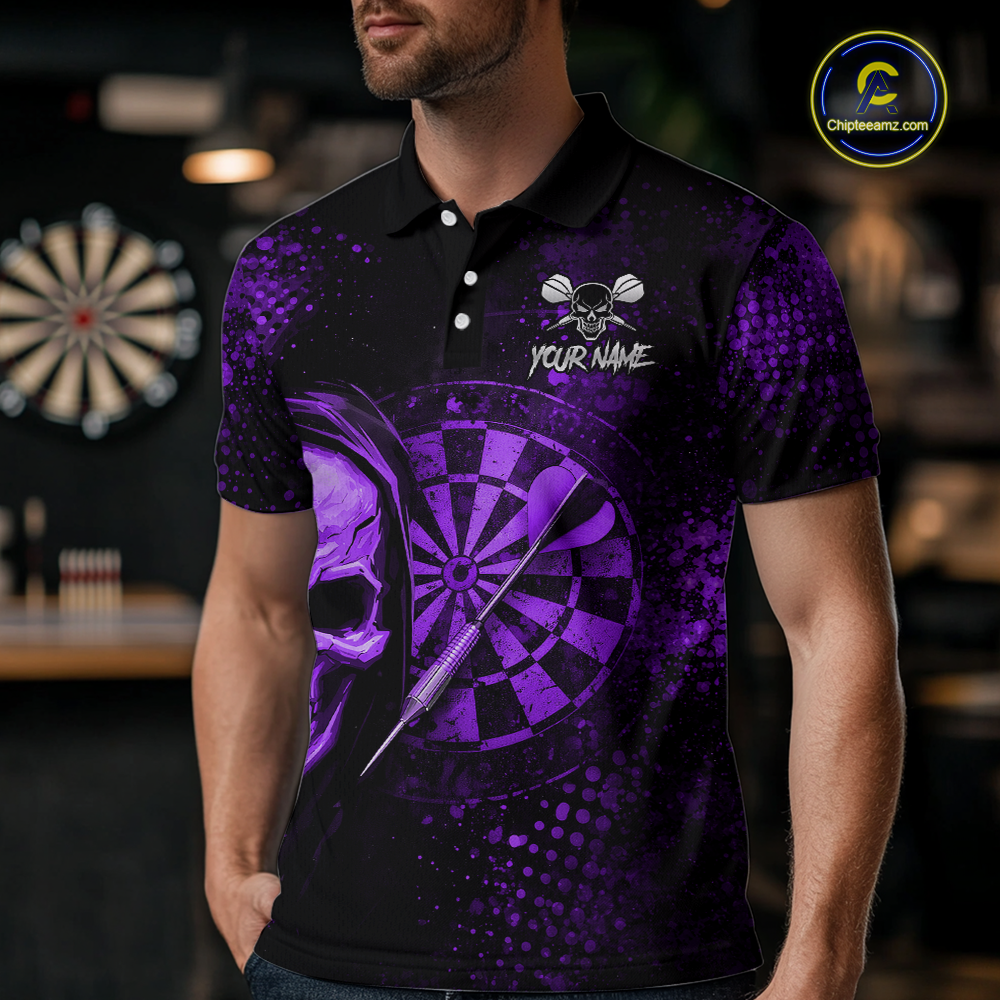 Purple Grunge Skull Dartboard & Arrow Men Darts Polo Shirt Personalized Darts Team Jerseys NYN2596