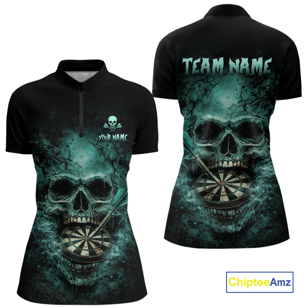 Cracked Grunge Teal Smokes Skull Dartboard Women Darts 1/4-Zip Shirt Personalized Darts Team Jerseys NYN2598