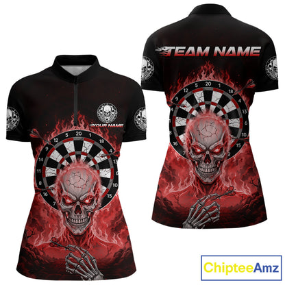 Black Red Flaming Skeleton Darts Custom Women's Dart Quarter-Zip Shirts Team Dart League Jerseys NYN2075