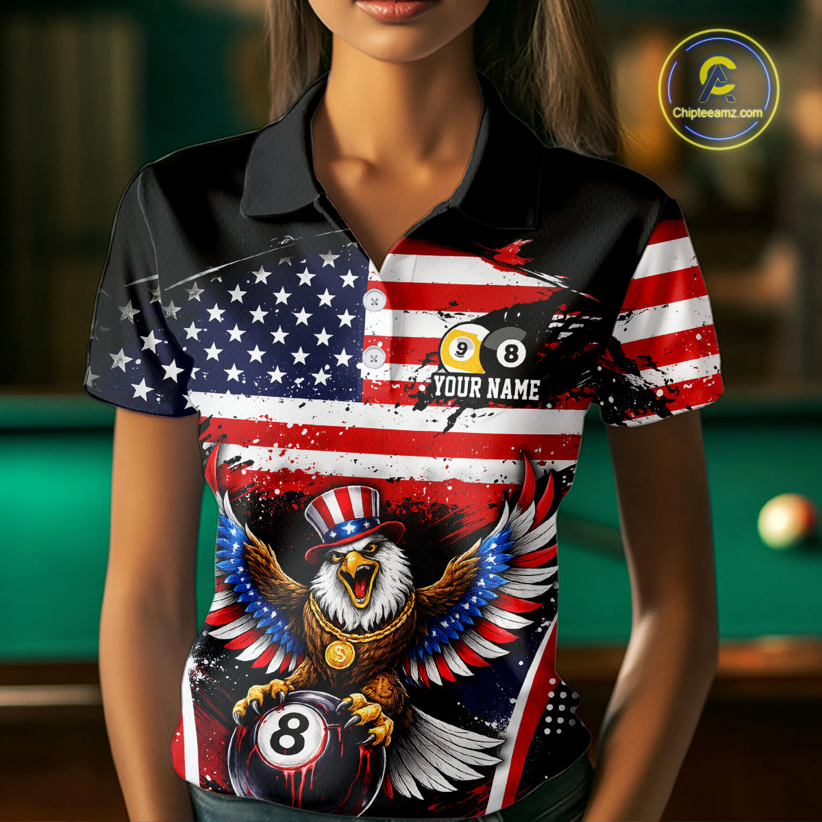 Grunge US Flag Eagle 8 Ball & 9 Ball Billiard Pool Shirt For Women Custom Patriotic Billiard Appeal NYN2762