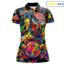 Load image into Gallery viewer, Funny Cat Colorful Paint Bowling Team Jerseys For Women Custom Splatter Bowling Polo 1/4-Zip Shirt NYN3167