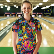 Load image into Gallery viewer, Funny Cat Colorful Paint Bowling Team Jerseys For Women Custom Splatter Bowling Polo 1/4-Zip Shirt NYN3167