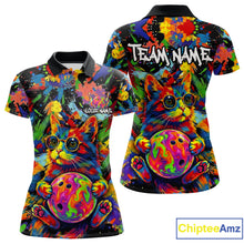 Load image into Gallery viewer, Funny Cat Colorful Paint Bowling Team Jerseys For Women Custom Splatter Bowling Polo 1/4-Zip Shirt NYN3167