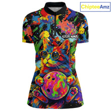 Load image into Gallery viewer, Funny Cat Colorful Paint Bowling Team Jerseys For Women Custom Splatter Bowling Polo 1/4-Zip Shirt NYN3167