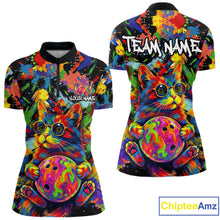 Load image into Gallery viewer, Funny Cat Colorful Paint Bowling Team Jerseys For Women Custom Splatter Bowling Polo 1/4-Zip Shirt NYN3167