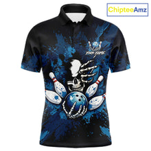 Load image into Gallery viewer, Blue Skelton Torn Bowling Ball &amp; Pin Jerseys For Men Custom Splatter Paint Bowling Team Attire NYN3171