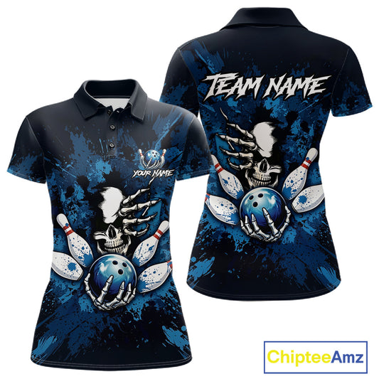 Blue Skelton Torn Bowling Ball & Pin Jerseys For Women Custom Splatter Paint Bowling Team Attire NYN3171