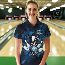 Load image into Gallery viewer, Blue Skelton Torn Bowling Ball &amp; Pin Jerseys For Women Custom Splatter Paint Bowling Team Attire NYN3171