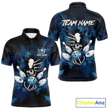 Load image into Gallery viewer, Blue Skelton Torn Bowling Ball &amp; Pin Jerseys For Men Custom Splatter Paint Bowling Team Attire NYN3171