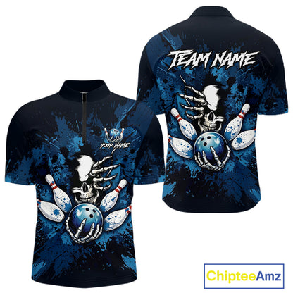 Blue Skelton Torn Bowling Ball & Pin Jerseys For Men Custom Splatter Paint Bowling Team Attire NYN3171