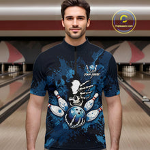 Load image into Gallery viewer, Blue Skelton Torn Bowling Ball &amp; Pin Jerseys For Men Custom Splatter Paint Bowling Team Attire NYN3171