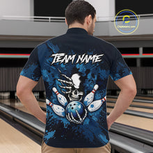 Load image into Gallery viewer, Blue Skelton Torn Bowling Ball &amp; Pin Jerseys For Men Custom Splatter Paint Bowling Team Attire NYN3171