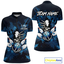 Load image into Gallery viewer, Blue Skelton Torn Bowling Ball &amp; Pin Jerseys For Women Custom Splatter Paint Bowling Team Attire NYN3171