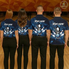 Load image into Gallery viewer, Blue Skelton Torn Bowling Ball &amp; Pin Jerseys For Men Custom Splatter Paint Bowling Team Attire NYN3171