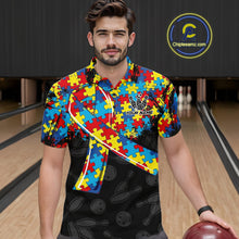 Load image into Gallery viewer, Personalized Colorful Autism Awareness Ribbon Bowling Shirt For Men Bowling Puzzles Team Jersey NYN3173