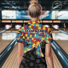 Load image into Gallery viewer, Personalized Colorful Autism Awareness Ribbon Bowling Shirt For Women Bowling Puzzles Team Jersey NYN3173