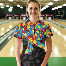 Load image into Gallery viewer, Personalized Colorful Autism Awareness Ribbon Bowling Shirt For Women Bowling Puzzles Team Jersey NYN3173