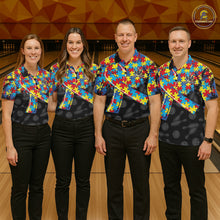 Load image into Gallery viewer, Personalized Colorful Autism Awareness Ribbon Bowling Shirt For Men Bowling Puzzles Team Jersey NYN3173
