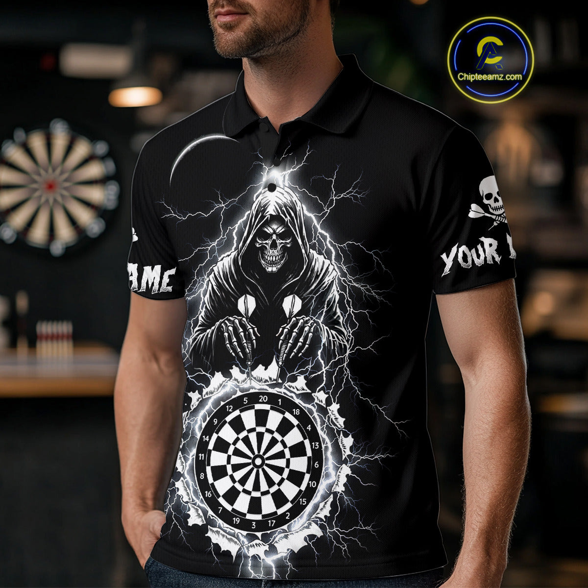 Lightning Thunder White & Black Grim Reaper Custom Dart Polo Shirt Men Dart League Jerseys NYN2091