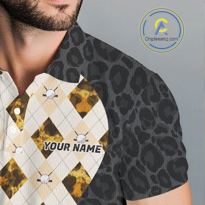 Black Leopard Mens Golf Polo Shirt Personalized Yellow Argyle Pattern Golf Team Outfits NYN3395