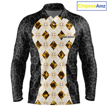 Load image into Gallery viewer, Black leopard mens golf polo yellow argyle golf outfit