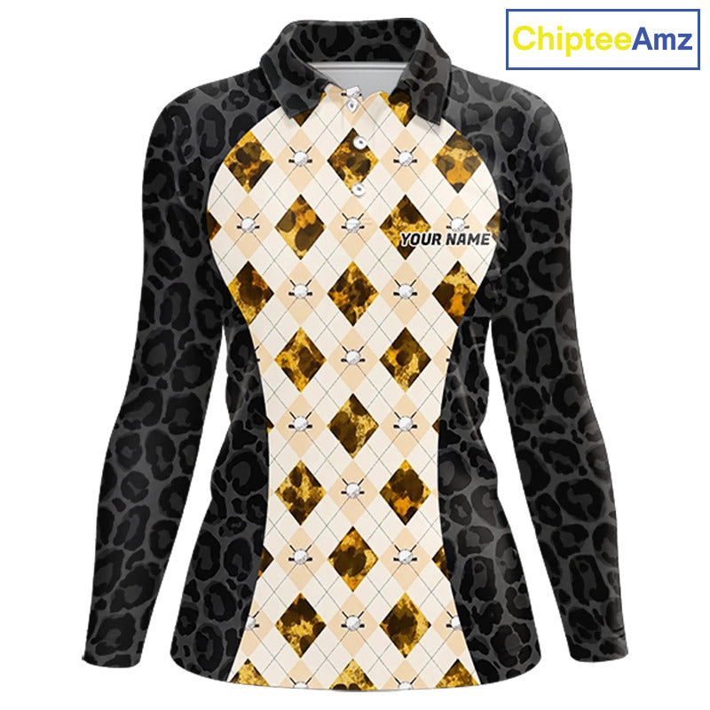 Black leopard womens golf polo yellow argyle golf outfit