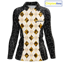 Load image into Gallery viewer, Black leopard womens golf polo yellow argyle golf outfit