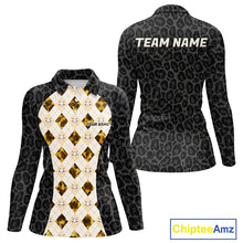 Load image into Gallery viewer, Black leopard womens golf polo yellow argyle golf outfit