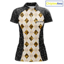 Load image into Gallery viewer, Black leopard womens golf polo yellow argyle golf outfit