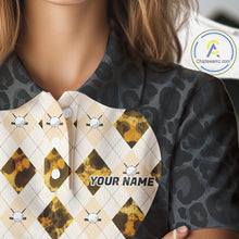 Load image into Gallery viewer, Black Leopard Womens Golf Polo Shirt Personalized Yellow Argyle Pattern Golf Team Outfits NYN3395