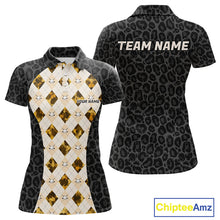 Load image into Gallery viewer, Black leopard womens golf polo yellow argyle golf outfit
