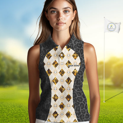 Black Leopard Womens Golf Sleeveless Polo Shirt Personalized Yellow Argyle Pattern Golf Team Outfits NYN3395