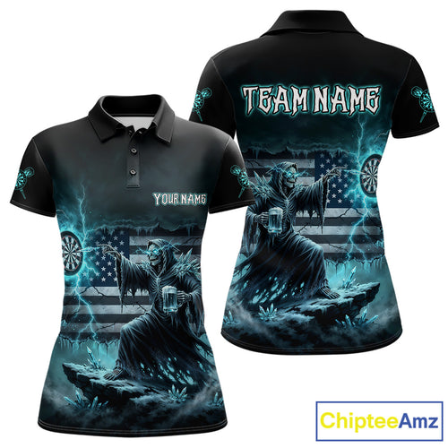 Custom Lightning Turquoise Grim Reaper Beer Funny Women Darts Polo Shirt US Flag Dart Jerseys NYN1836