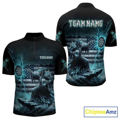 Custom Lightning Turquoise Grim Reaper Beer Funny Men Darts Quarter-Zip Shirt US Flag Dart Jerseys NYN1836