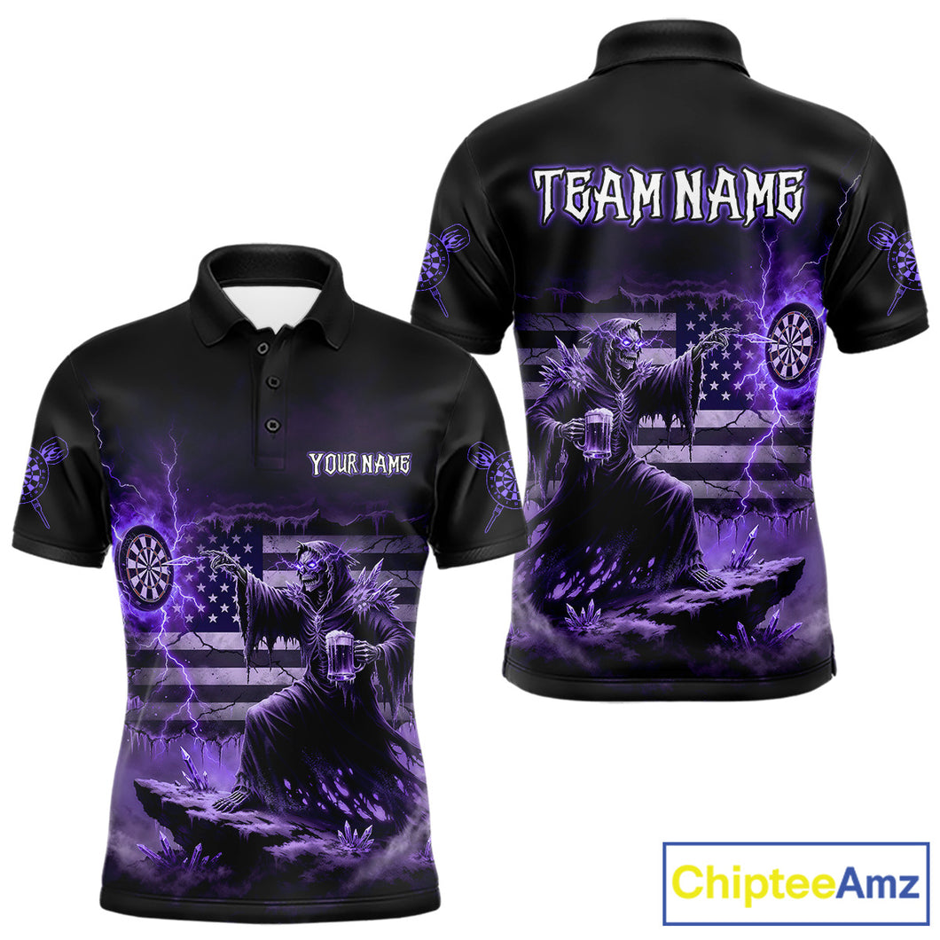 Custom Lightning Purple Grim Reaper Beer Funny Men Darts Polo Shirt US Flag Dart Jerseys NYN1837