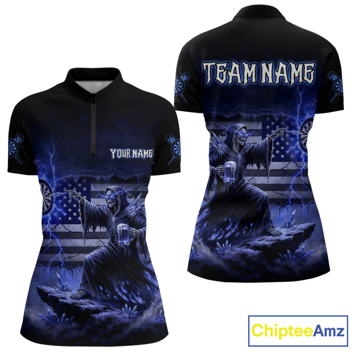 Custom Lightning Blue Grim Reaper Beer Funny Women Darts Quarter-Zip Shirt US Flag Dart Jerseys NYN1838