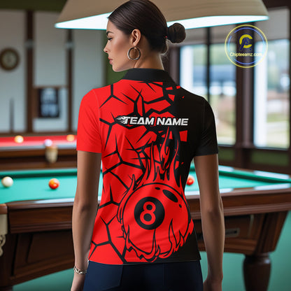 Black And Red Cracked Flaming Pool 8 Ball Women Billiard Shirt Custom Ball Billiard Team Attire NYN2625