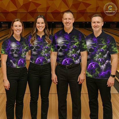 Custom Green & Purple Smoke Skull Bowling Shirts For Women Retro Skull Bowling Tournament Shirt NYN3945