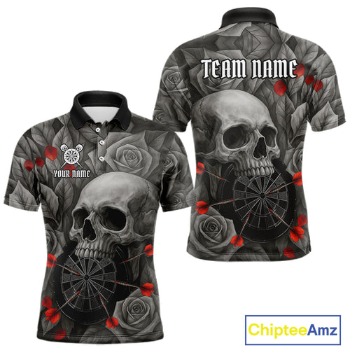 Custom Red Grey Roses Skull Dartboard Dart Men Polo Shirt Outfits Dart Team Jerseys NYN1560