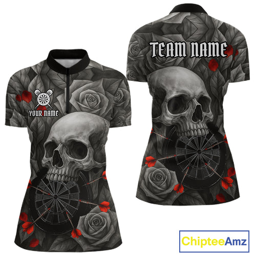 Custom Red Grey Roses Skull Dartboard Dart Women 1/4-Zip Shirt Outfits Dart Team Jerseys NYN1560