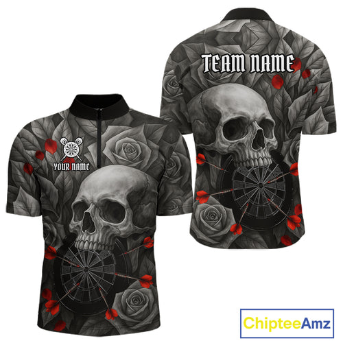 Custom Red Grey Roses Skull Dartboard Dart Men 1/4-Zip Shirt Outfits Dart Team Jerseys NYN1560