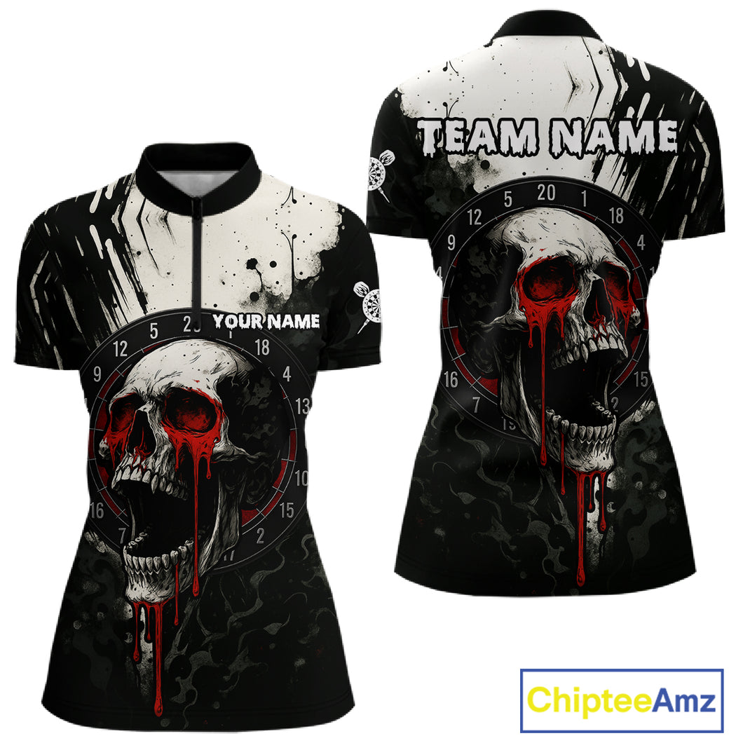 Custom Black Red Dripping Skull Dartboard Dart Women 1/4-Zip Shirt Grunge Dart Jerseys NYN1563
