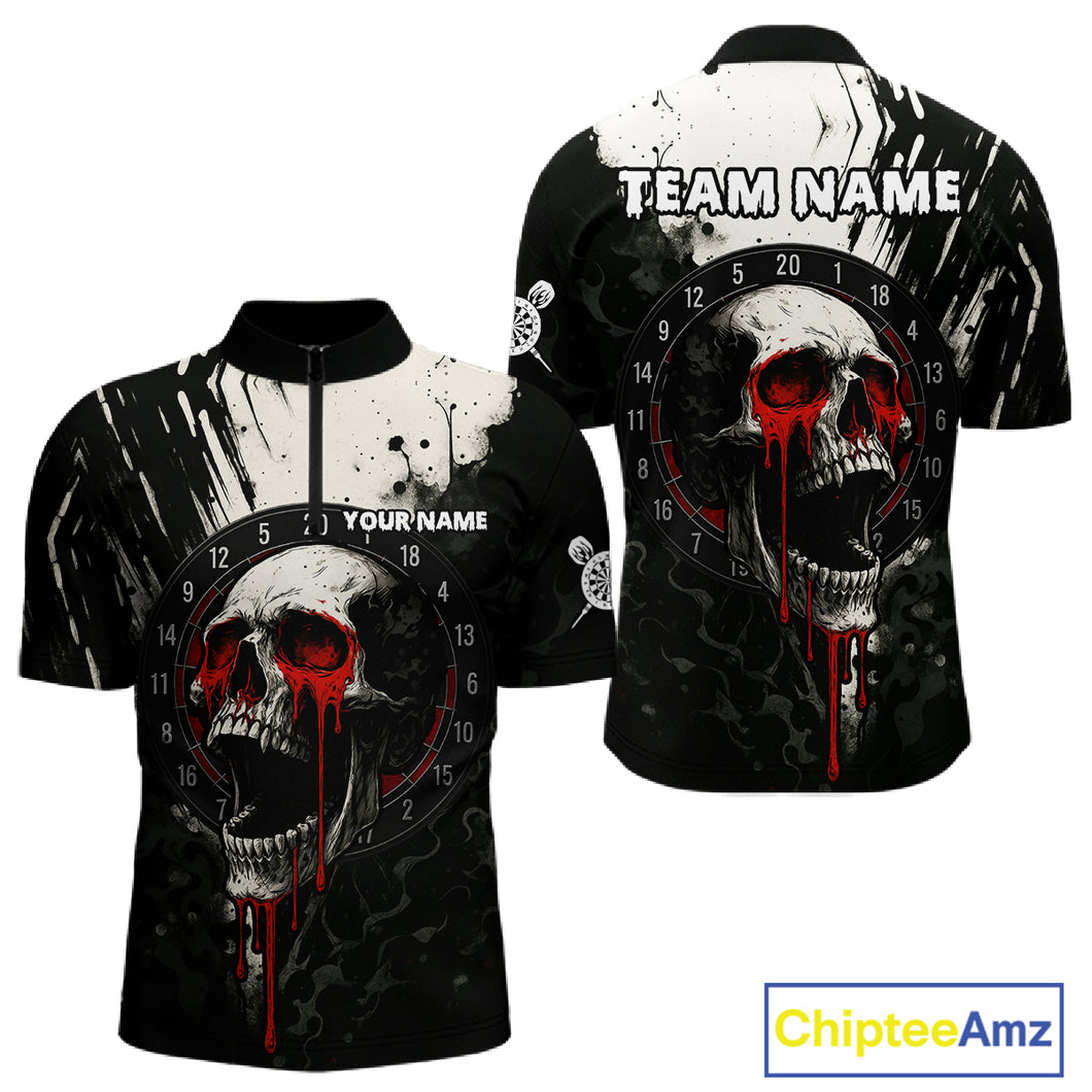 Custom Black Red Dripping Skull Dartboard Dart Men 1/4-Zip Shirt Grunge Dart Jerseys NYN1563