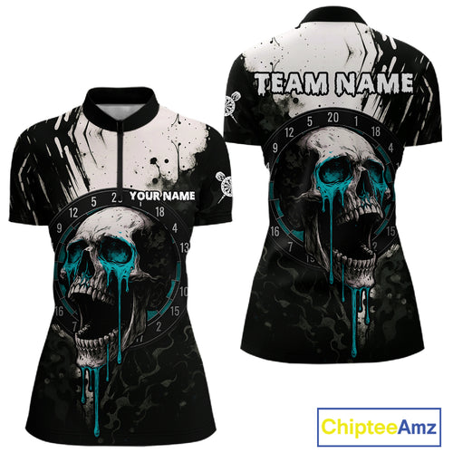 Custom Black Turquoise Dripping Skull Dartboard Dart Women 1/4-Zip Shirt Grunge Dart Jerseys NYN1564