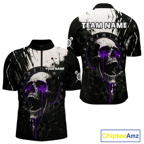 Custom Black & Purple Dripping Skull Dartboard Dart Men 1/4-Zip Shirt Grunge Dart Jerseys NYN1565