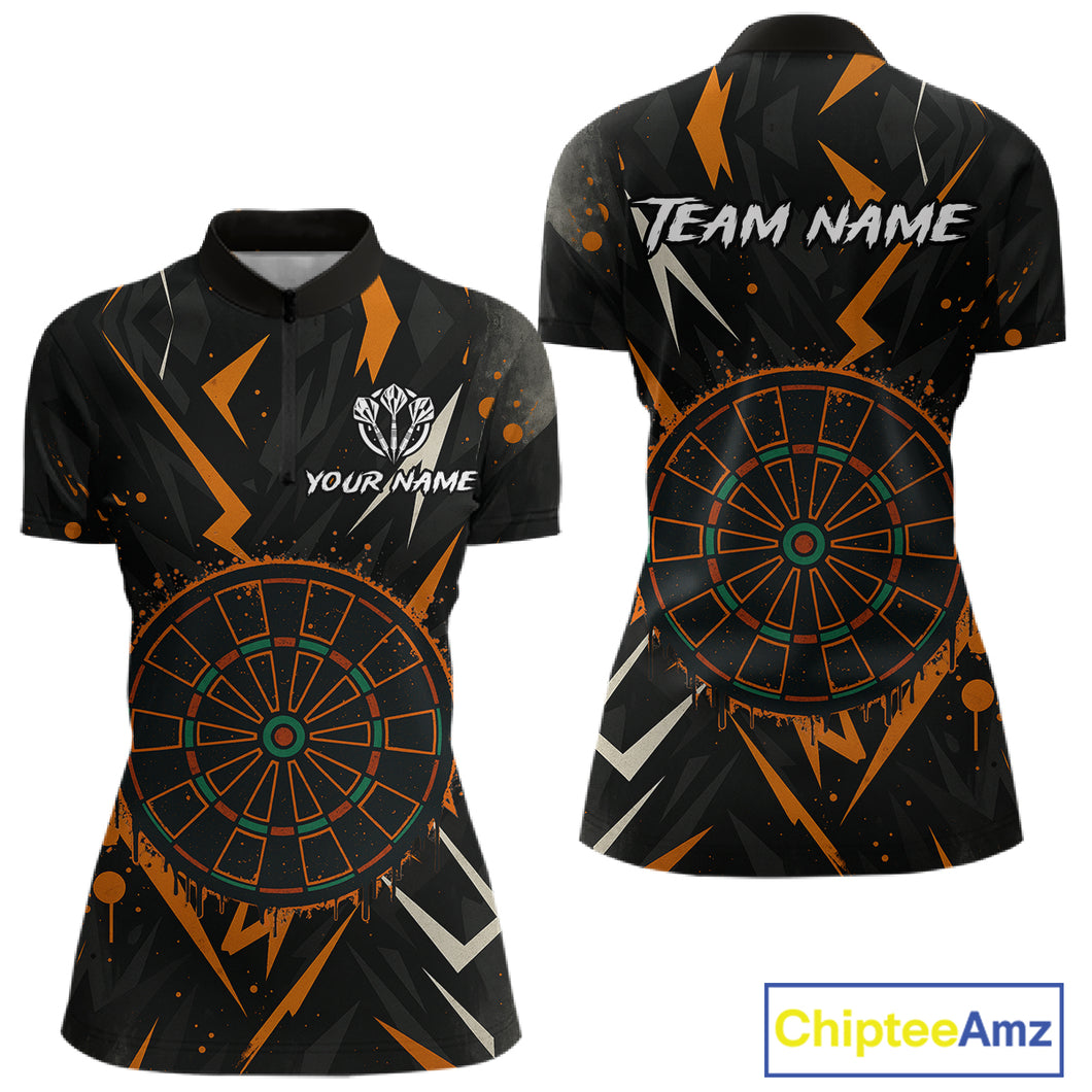 Custom Black Orange Dartboard Grunge Dart Women 1/4-Zip Shirt Dart Tournament Jerseys NYN1567