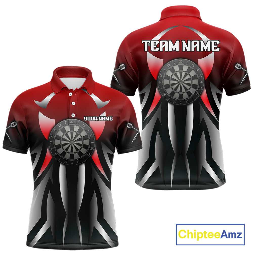 Red And Gradient Silver Darts Polo & 1/4-Zip Shirt For Men Custom Name Dart Jersey For Darters NYN3003
